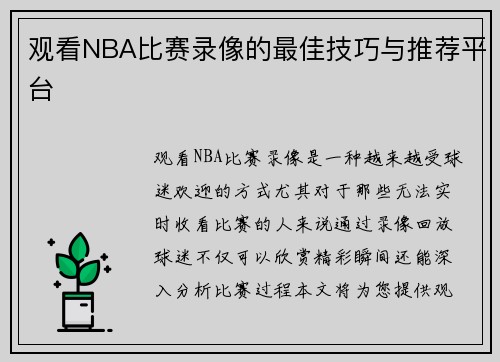 观看NBA比赛录像的最佳技巧与推荐平台