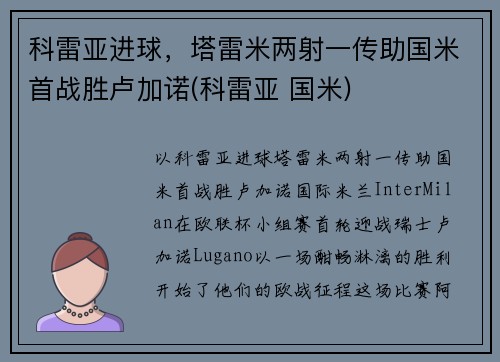 科雷亚进球,塔雷米两射一传助国米首战胜卢加诺(科雷亚 国米)